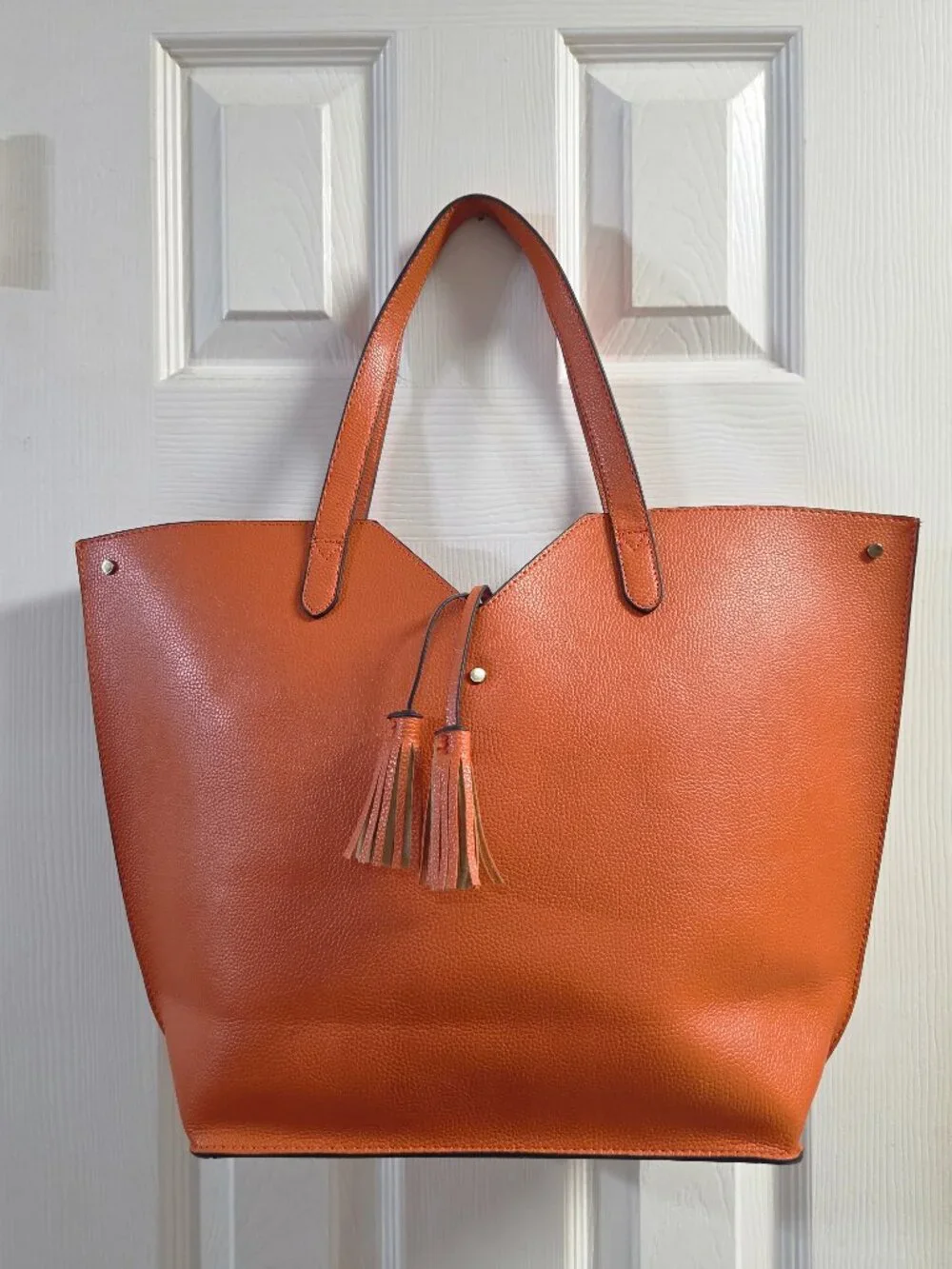 Neiman Marcus Orange Pebbled Vegan Faux Leather Tote Bag Tassel Large Shopper